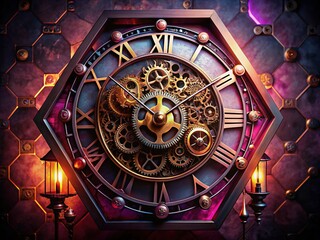 Obraz premium Steampunk Octagon Clock in Long Exposure with Dark Gray and Pink Accents for Unique Home Decor