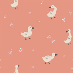 Cute Cartoon Duck Seamless Pattern, Vector Illustration Background