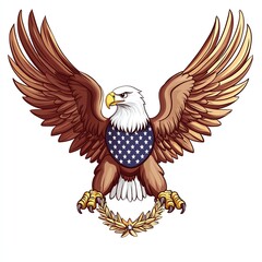 Obraz premium A stylized eagle with outstretched wings, featuring a stars-and-stripes design on its chest and grasping a laurel branch.