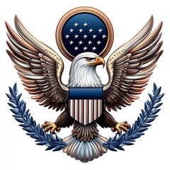 A detailed emblem featuring an eagle with wings spread, clutching arrows and an olive branch, representing the United States' strength and peace.
