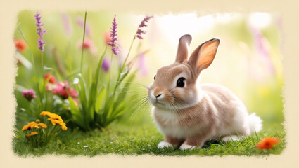 Fototapeta premium A charming rabbit explores a lush meadow, depicted in a delightful photostock image on a light cream background