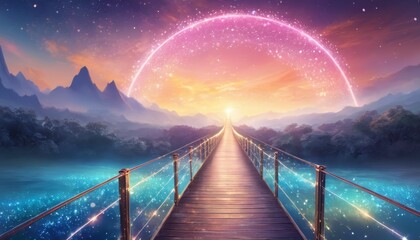 A luminous bridge shimmers in the twilight, set against a mesmerizing lavender sky filled with magical hues, inviting viewers into a dreamy fairy tale landscape