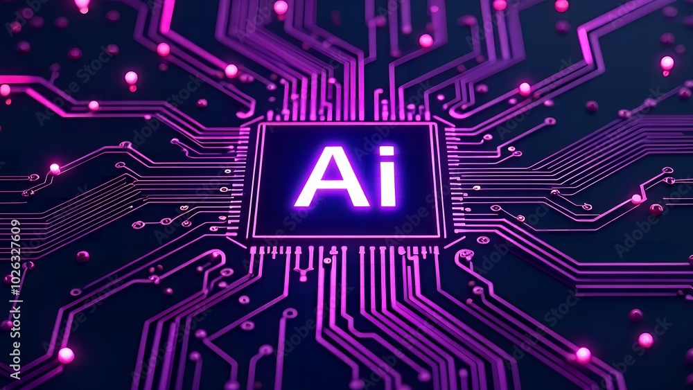 Aufkleber glowing neon ai chip with thin circuit lines on futuristic tech background featuring semiconductor