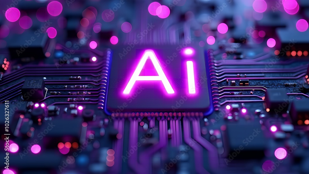 Aufkleber glowing neon ai chip with thin circuit lines on futuristic tech background featuring semiconductor