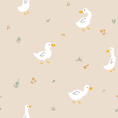Cute Cartoon Duck Seamless Pattern, Vector Illustration Background