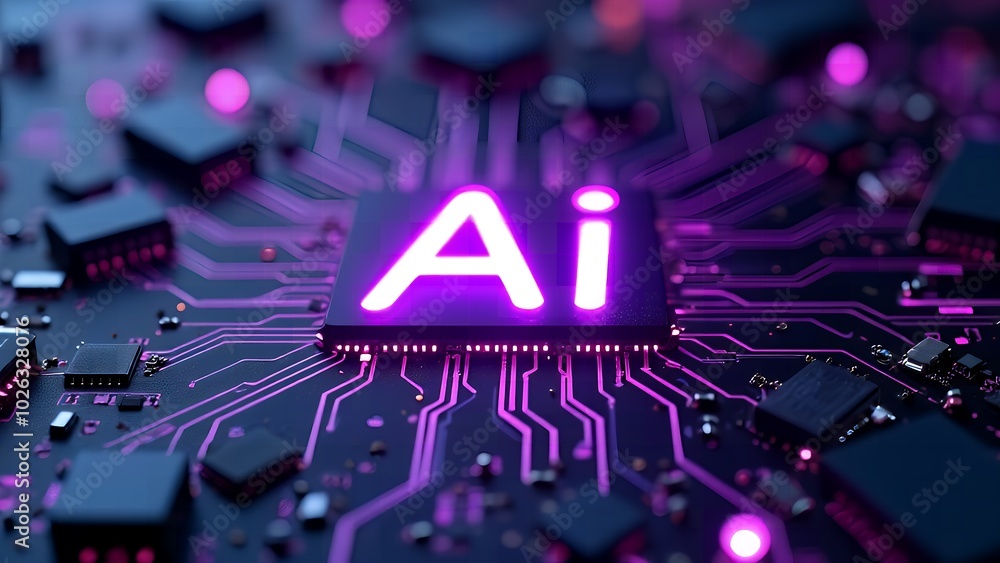Aufkleber neon glowing ai chip with thin circuit lines on tech background featuring semiconductor technology