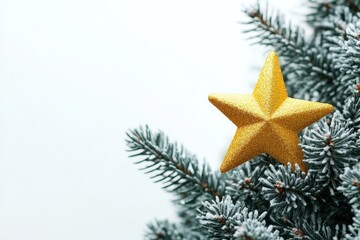 green Christmas tree with yellow star isolated on white background