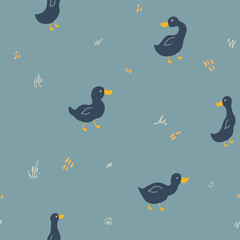 Cute Cartoon Duck Seamless Pattern, Vector Illustration Background