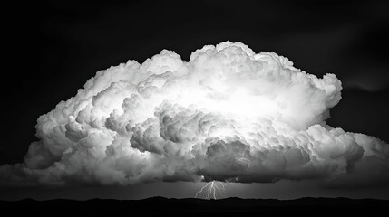 A dramatic black-and-white image of a large, billowing cloud illuminated by intense lightning below it, set against a dark sky.
