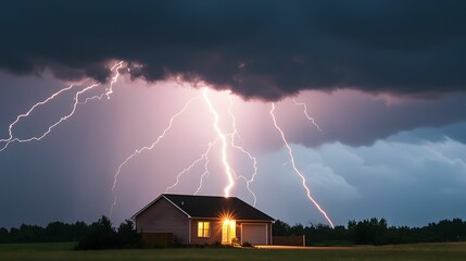 A striking image of a house illuminated by warm light under ominous storm clouds, showcasing dramatic lightning in the darkening sky.
