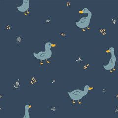 Cute Cartoon Duck Seamless Pattern, Vector Illustration Background