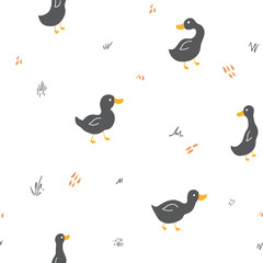 Cute Cartoon Duck Seamless Pattern, Vector Illustration Background