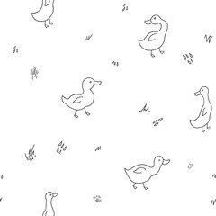 Cute Cartoon Duck Seamless Pattern, Vector Illustration Background