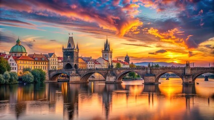 Stunning Panorama of Charles Bridge at Sunrise with Dramatic Sky and Reflections