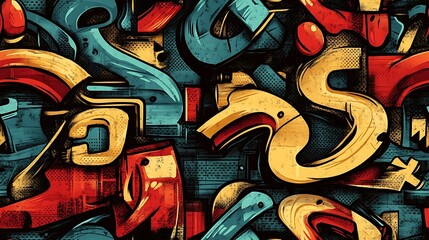 Obraz premium A seamless graffiti pattern blending bold graffiti letters and numbers in various styles, with vivid colors and dynamic brushstrokes, layered on a gritty city wall,
