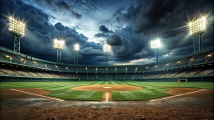 Mysterious baseball field with dark clouds and stadium lights at a tilted angle