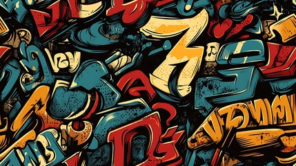 A seamless graffiti pattern blending bold graffiti letters and numbers in various styles, with vivid colors and dynamic brushstrokes, layered on a gritty city wall,