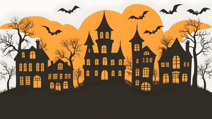 Halloween-themed clipart with haunted castles, ghosts, and bats in flight