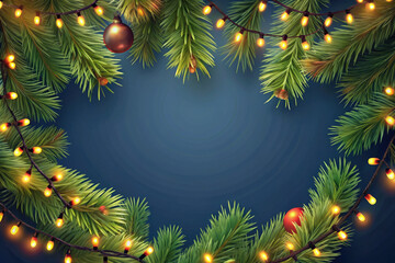 Christmas tree branches with string lights on dark blue background