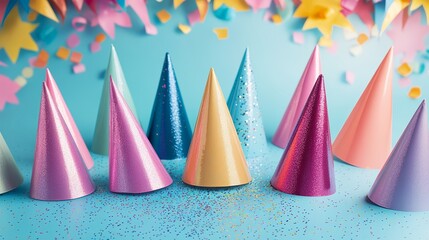 Obraz premium Colorful party hats arranged artistically on a vibrant background.