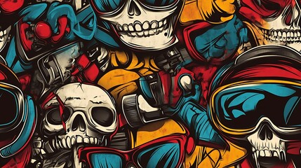 Fototapeta premium A seamless graffiti pattern blending digital skulls, VR headsets, and holographic displays, with vivid colors and dynamic brushstrokes, layered on a textured city wall,