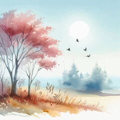Fototapeta premium Landscape Village Oil Painting vector art Design