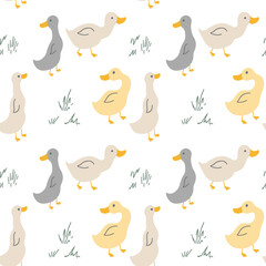 Cute Cartoon Duck Seamless Pattern, Vector Illustration Background