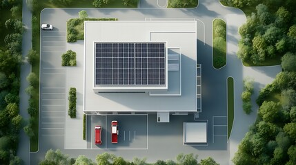 Aerial View of Modern Fire Station: A top-down aerial shot of a fire station, showcasing its spacious layout. The roof is lined with solar panels, and the large garage bays are empty