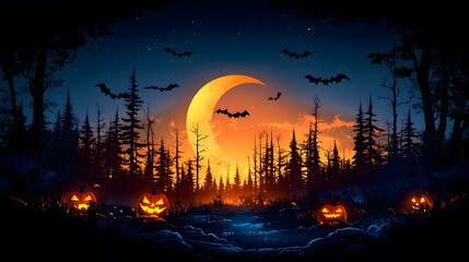 Halloween clipart with flying bats, crescent moon, and spooky trees