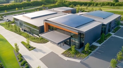 Aerial View of Modern Fire Station: A top-down aerial shot of a fire station, showcasing its spacious layout. The roof is lined with solar panels, and the large garage bays are empty