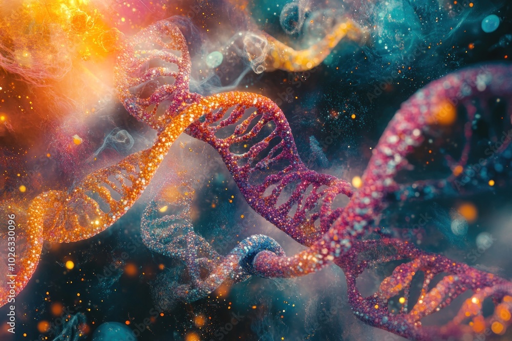 Aufkleber abstract dna double helix structure with colorful smoke and glittering particles.