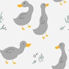 Cute Cartoon Duck Seamless Pattern, Vector Illustration Background