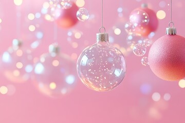 Fototapeta premium Creative Christmas composition with transparent glass ornaments and soap bubbles flying on pastel pink background.