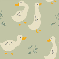 Cute Cartoon Duck Seamless Pattern, Vector Illustration Background
