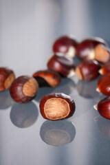 Sweet chestnut on a table in sunny light