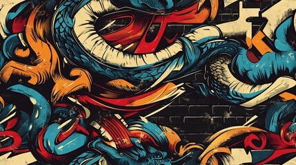 A seamless graffiti pattern blending mythical creatures like dragons, phoenixes, and abstract rune symbols, with vivid colors and dynamic brushstrokes, layered on a gritty city wall,