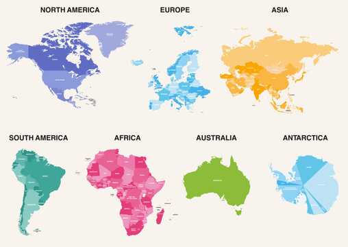 All world continents detailed political isolated colorful maps. Vector set