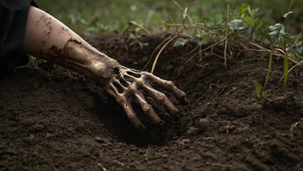 Spooky hand, like a zombie's, bursts from the ground in a graveyard on a dark night. Scary Halloween and horror concept