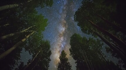 A low-angle view of the Milky Way galaxy shining brightly over a forest of tall trees on a clear summer night.