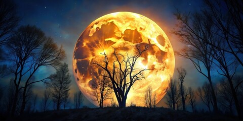 Mysterious Halloween full moon over trees Macro