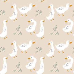 Cute Cartoon Duck Seamless Pattern, Vector Illustration Background