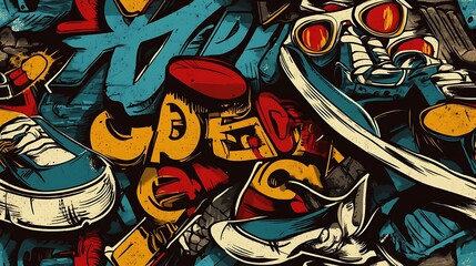 A seamless graffiti pattern blending stylish sneakers, angular sunglasses, and street fashion text elements, intertwined with vivid neon shapes and paint splatters,