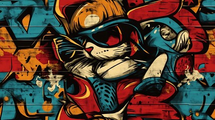 A seamless graffiti pattern blending urban animals like cats, dogs, and city birds with abstract shapes and dynamic brushstrokes, layered on a gritty wall,