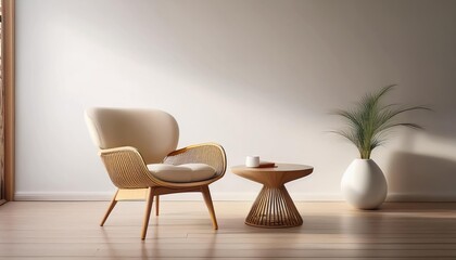 A mid-century modern chair, a small round coffee table, and space for additional graphic designs