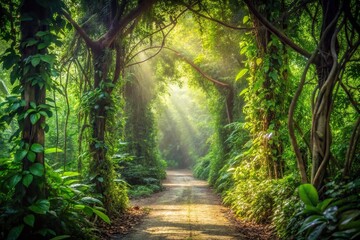 Obraz premium Mysterious jungle path with overhanging vines, midday diffused sunlight, copy space, reflected