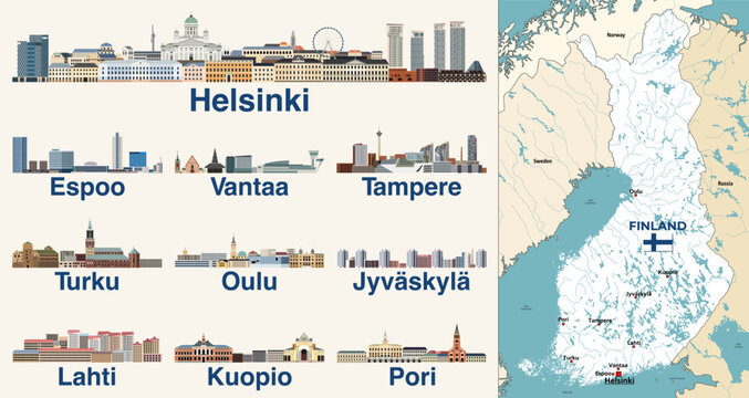 Finland map with main cities on it. Finland biggest cities skylines isolated skylines. Vector set