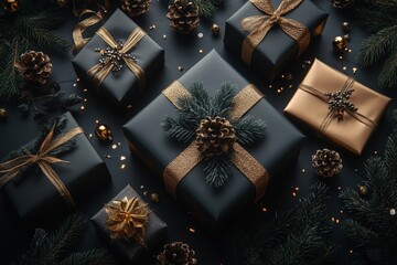 Top view of luxurious gift packages, costly tree trimmings, gold and black balls, sparkling confetti, frosted fir twigs on dark backdrop