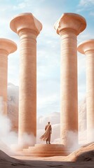 Fototapeta premium Explorer standing at the foot of a grand monument, reflecting the heritage of a lost civilization