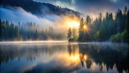 Fototapeta premium Mysterious light shining through mist over serene mountain lake and dense forest scene up close