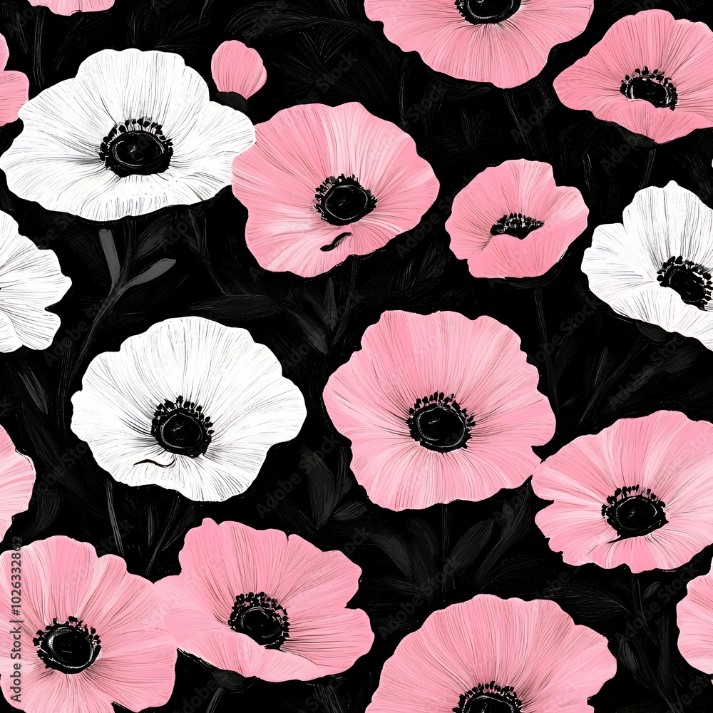 Wall mural Pink and white flowers on a black background.